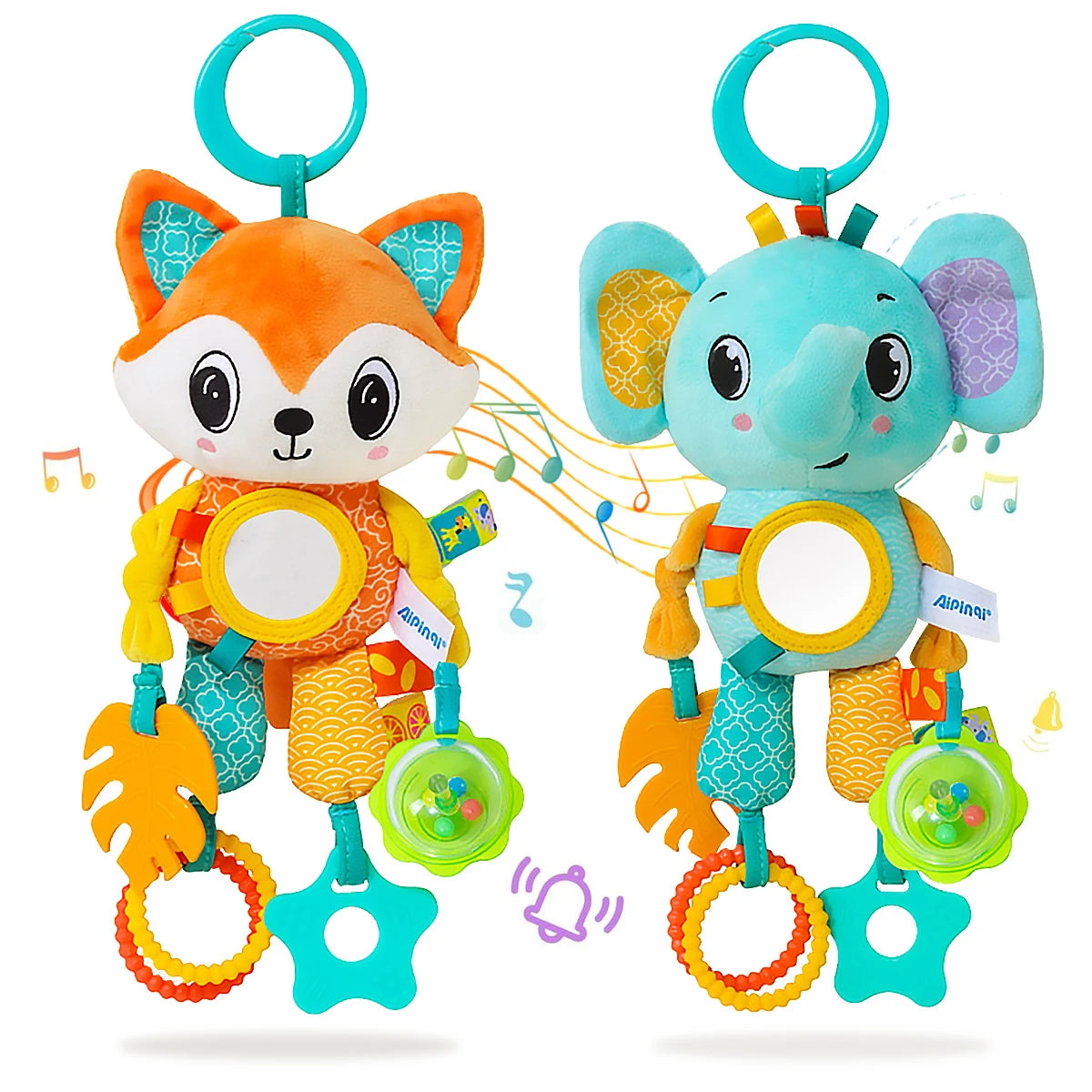 🎠 Hanging Sensory Fun! 🐒 Plush Animal Toy with Teether, Crinkle & Wind Chime for Babies 💕 - ThiGui