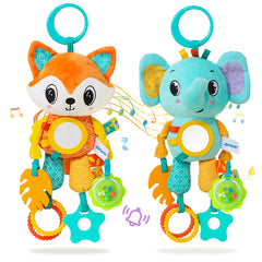 🎠 Hanging Sensory Fun! 🐒 Plush Animal Toy with Teether, Crinkle & Wind Chime for Babies 💕 - ThiGui