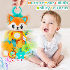 🎠 Hanging Sensory Fun! 🐒 Plush Animal Toy with Teether, Crinkle & Wind Chime for Babies 💕 - ThiGui