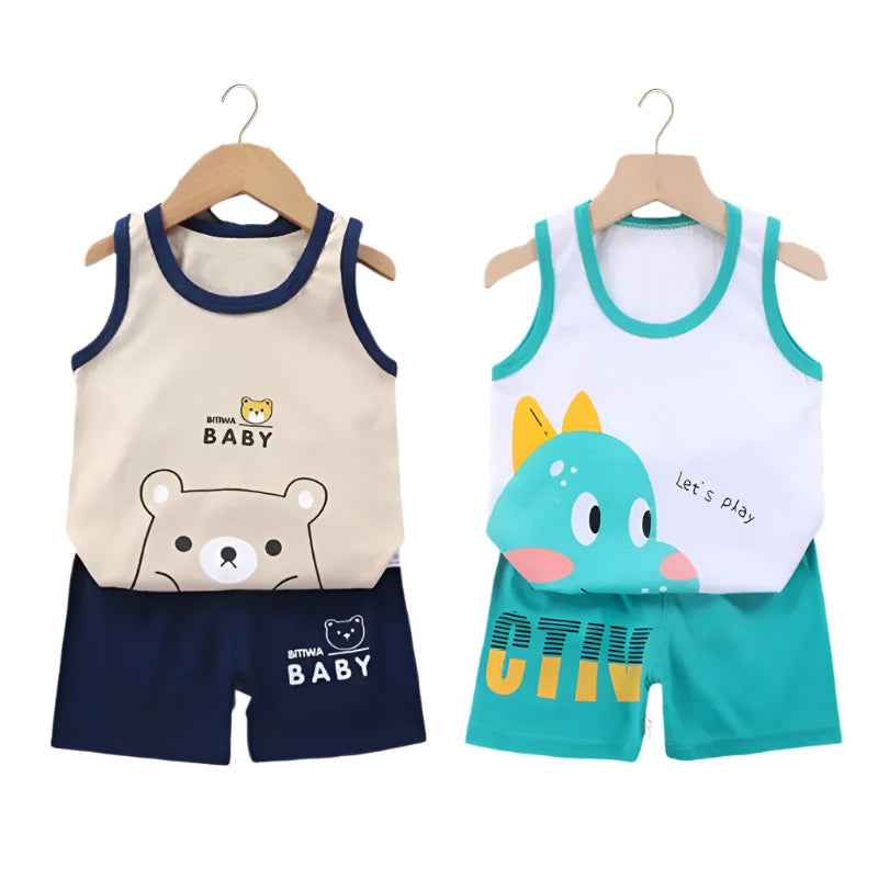 Cool & Comfy! 2-Piece Cotton Vest & Shorts Set for Active Little Boys - ThiGui