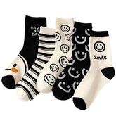 🧦Cuteness & Comfort in Every Step – 5 Pairs of Cartoon Cat Happy Face Crew Socks! - ThiGui