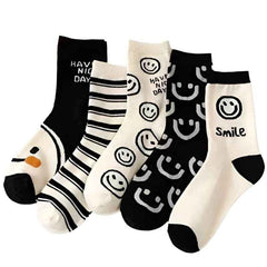 🧦Cuteness & Comfort in Every Step – 5 Pairs of Cartoon Cat Happy Face Crew Socks! - ThiGui