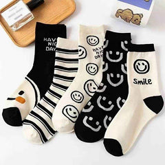 🧦Cuteness & Comfort in Every Step – 5 Pairs of Cartoon Cat Happy Face Crew Socks! - ThiGui