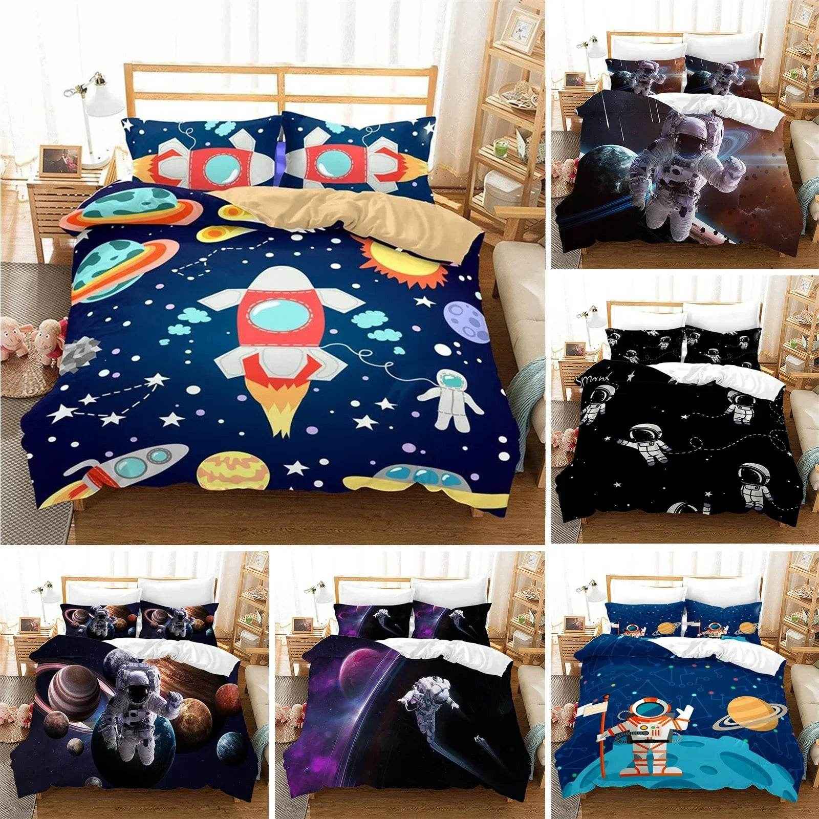 🌕Out-of-This-World Dreams! 🚀 Cartoon Astronaut Bedding Set for Young Space Explorers - ThiGui