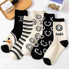 🧦Cuteness & Comfort in Every Step – 5 Pairs of Cartoon Cat Happy Face Crew Socks! - ThiGui