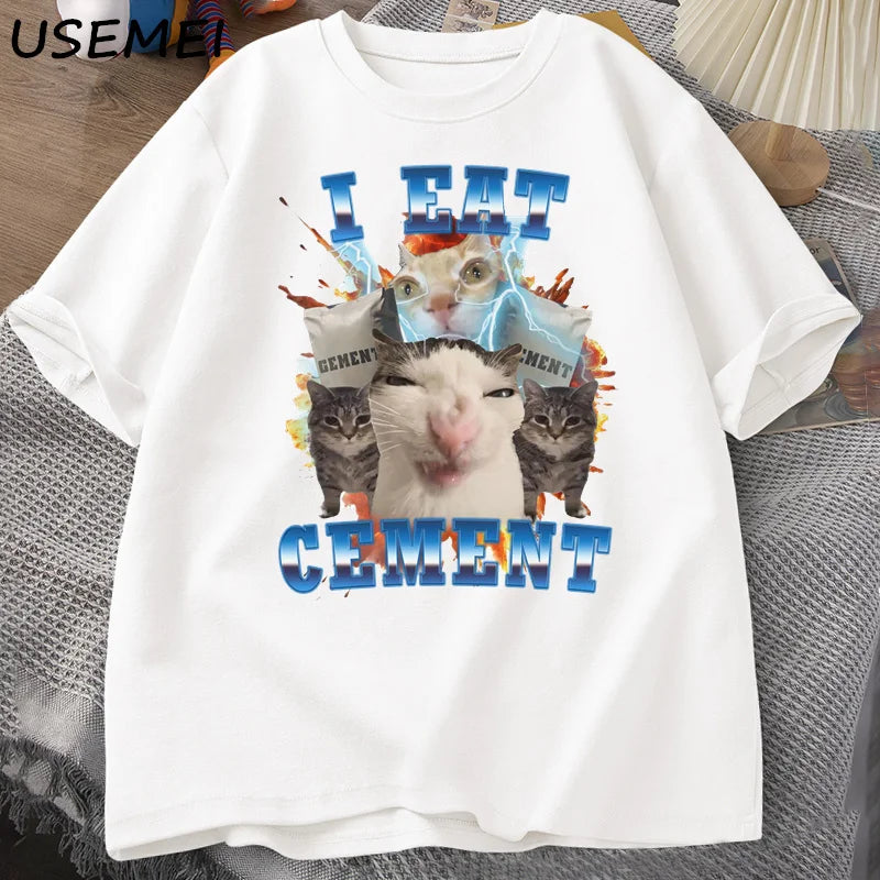 I Eat Cement Cat Meme Tee 🐱😂 Funny Cotton Graphic T-Shirt - ThiGui