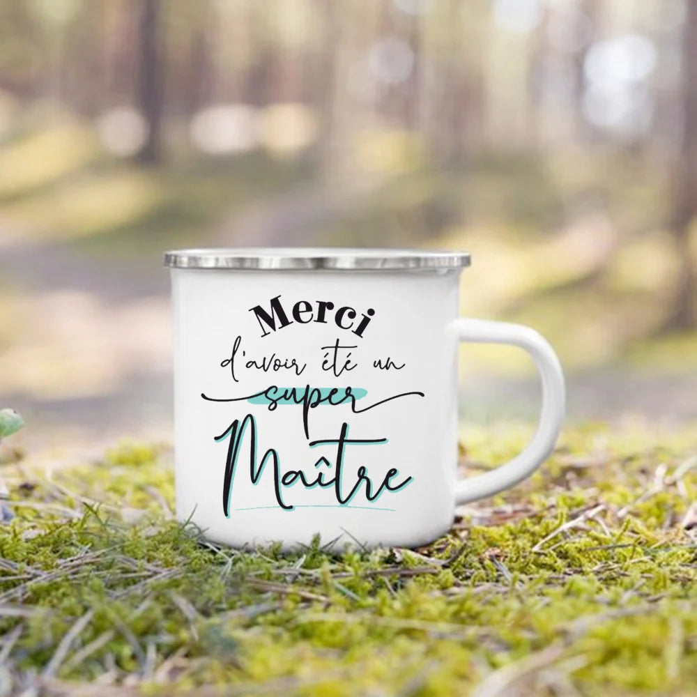🍵🇫🇷 Merci Maîtresse! Enamel Mug Gift for Teachers with French Charm 🎁💐 - ThiGui