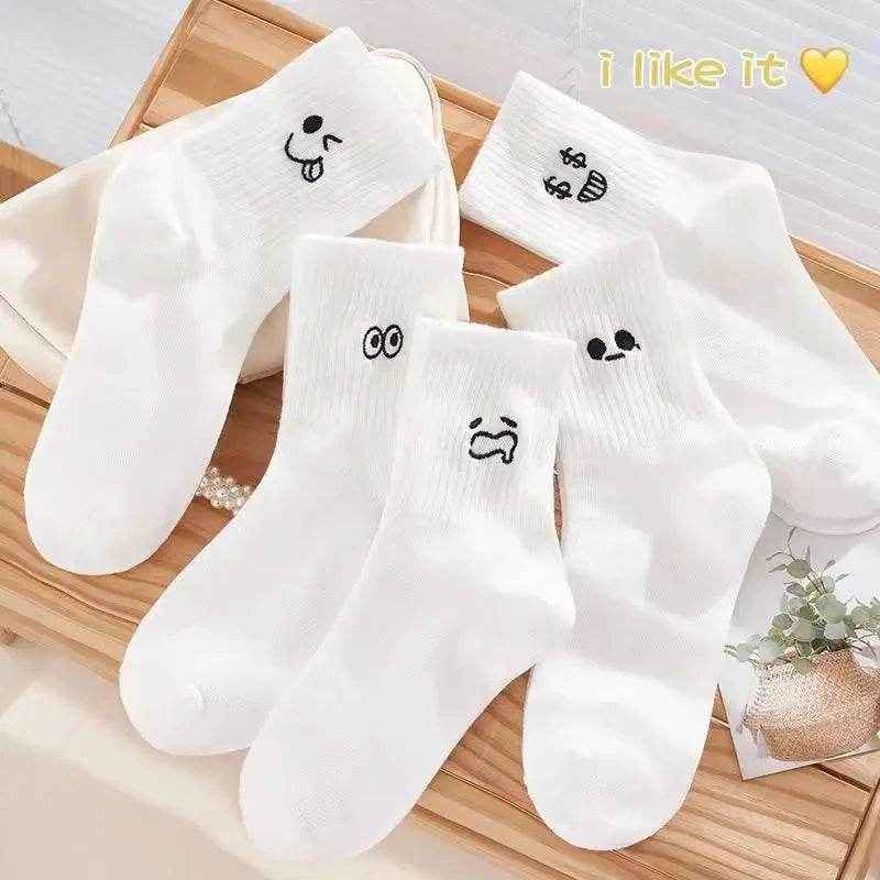🧦Cuteness & Comfort in Every Step – 5 Pairs of Cartoon Cat Happy Face Crew Socks! - ThiGui