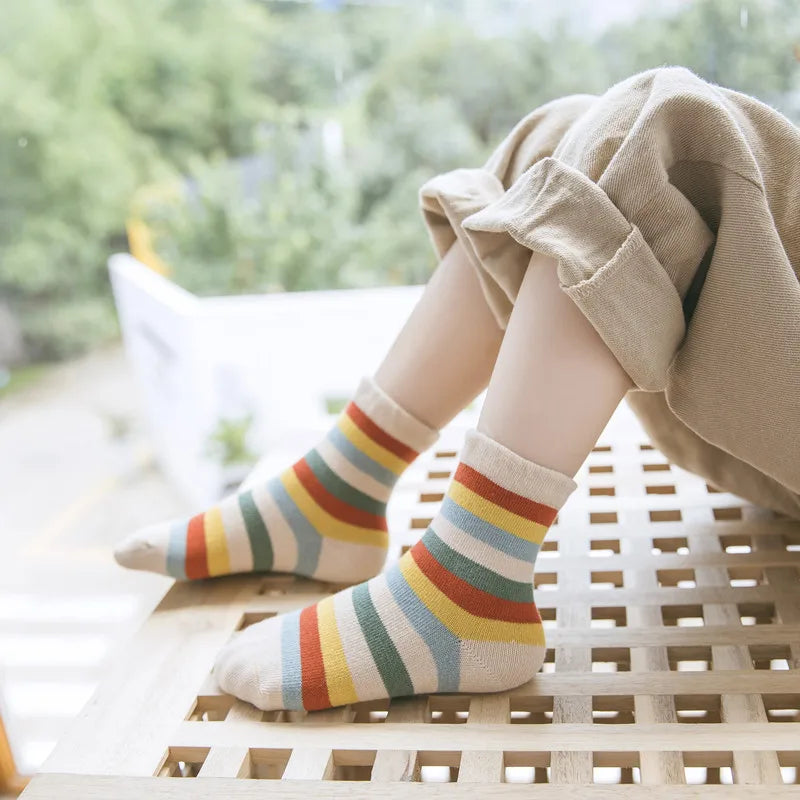 🌈 Rainbow Stripes Cotton Socks – 5-Pair Set of Comfy Fun for Happy Little Feet! 🧦💕 - ThiGui