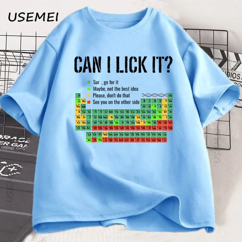 Can I Lick It Periodic Table Tee 🧪😄 Funny Chemistry Cotton T-Shirt - ThiGui