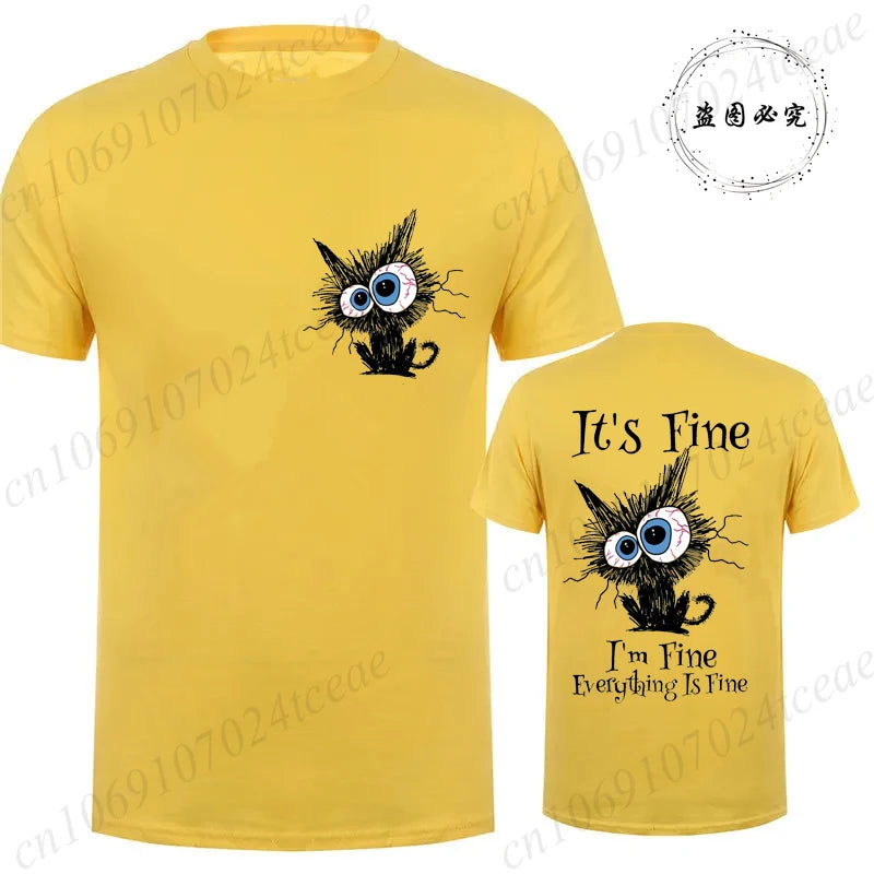 Everything Is Fine Black Cat Tee 🐾🔥 Fun & Comfy Unisex Graphic Shirt - ThiGui