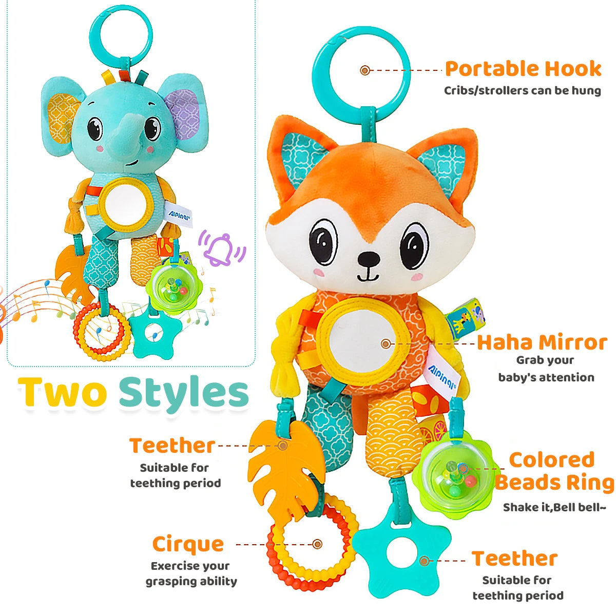 🎠 Hanging Sensory Fun! 🐒 Plush Animal Toy with Teether, Crinkle & Wind Chime for Babies 💕 - ThiGui