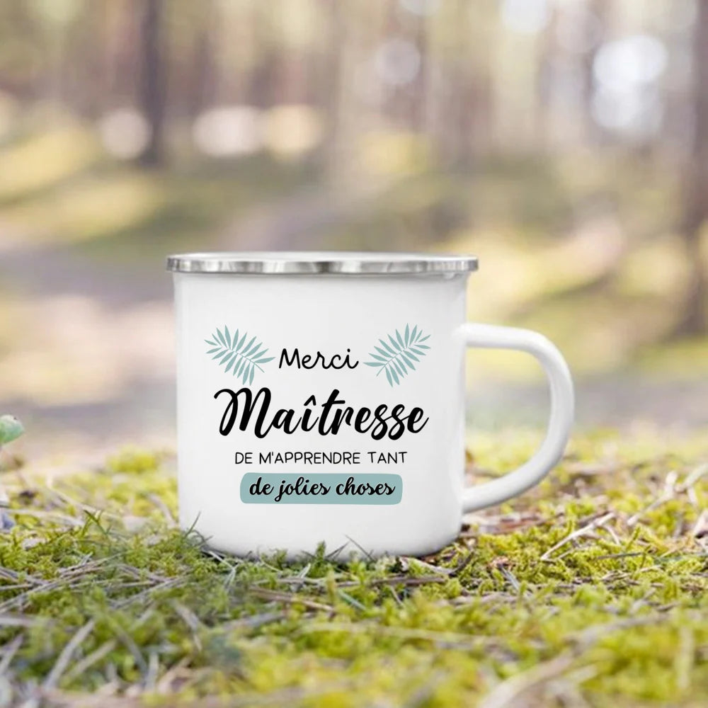 🍵🇫🇷 Merci Maîtresse! Enamel Mug Gift for Teachers with French Charm 🎁💐 - ThiGui