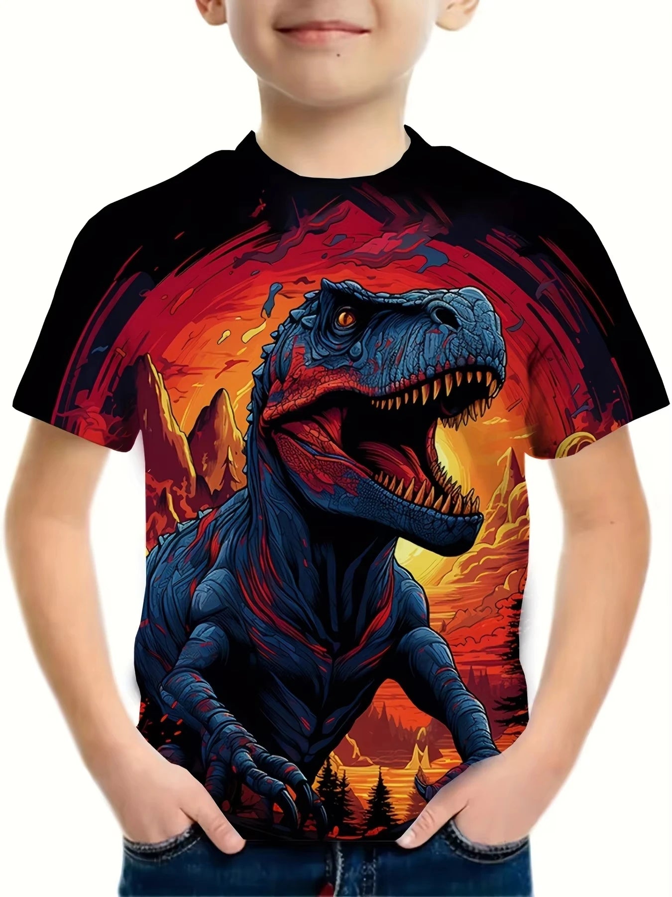 🦖 Cool Dino Vibes! Boys’ Lightweight Cartoon Dinosaur Tee (Ages 3–9) 🧢 - ThiGui
