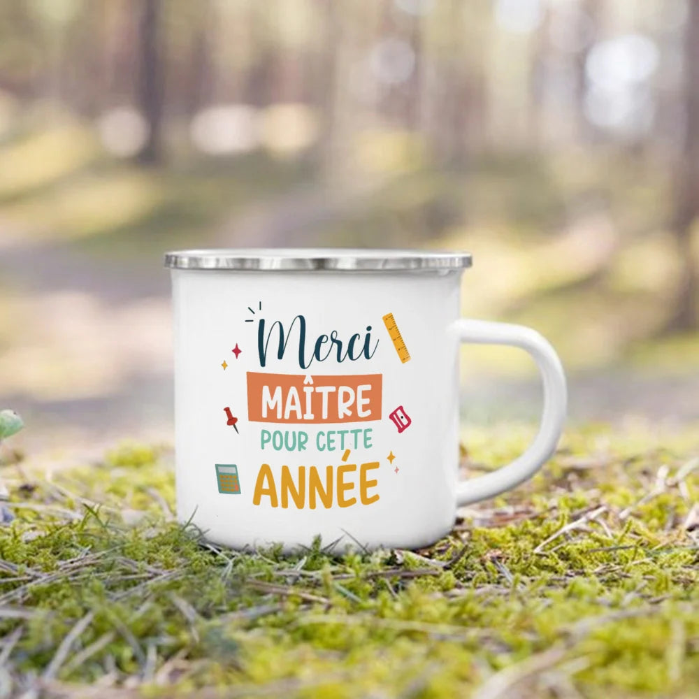 🍵🇫🇷 Merci Maîtresse! Enamel Mug Gift for Teachers with French Charm 🎁💐 - ThiGui