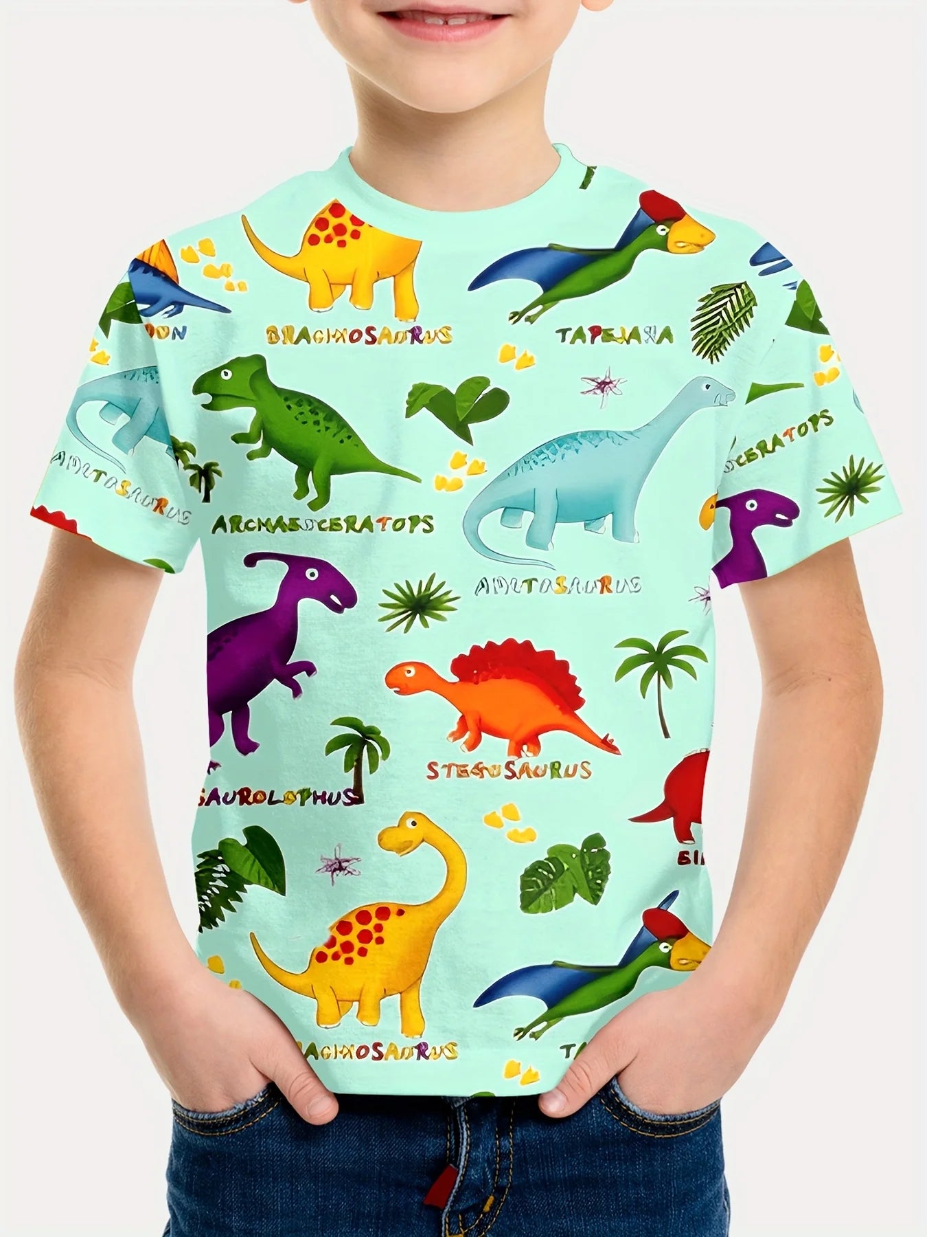 🦖 Cool Dino Vibes! Boys’ Lightweight Cartoon Dinosaur Tee (Ages 3–9) 🧢 - ThiGui