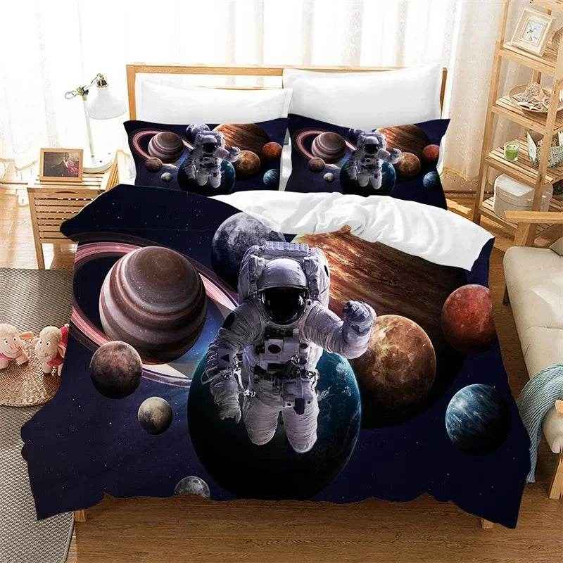 🌕Out-of-This-World Dreams! 🚀 Cartoon Astronaut Bedding Set for Young Space Explorers - ThiGui