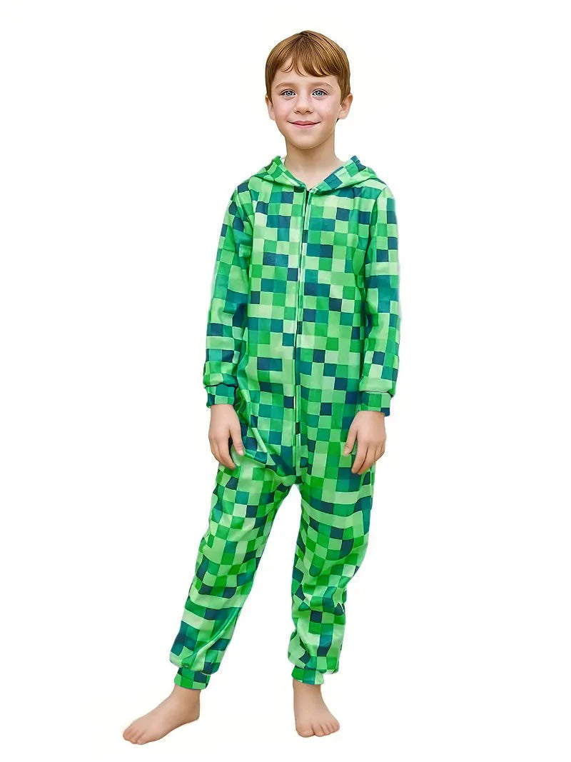 Creeper Game Character Costume 💚🎮 Fun Hooded Boys Jumpsuit - ThiGui
