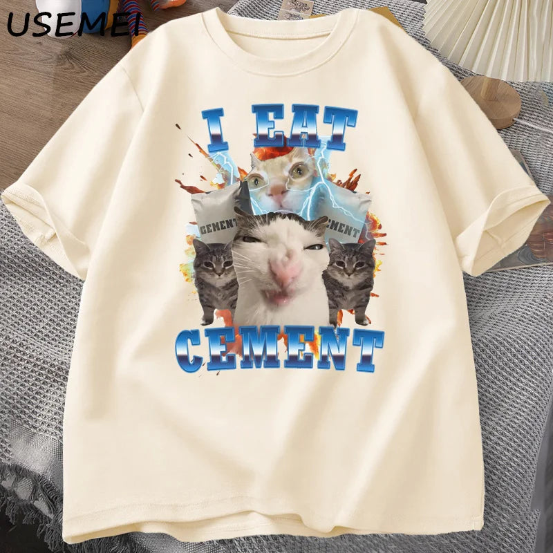 I Eat Cement Cat Meme Tee 🐱😂 Funny Cotton Graphic T-Shirt - ThiGui