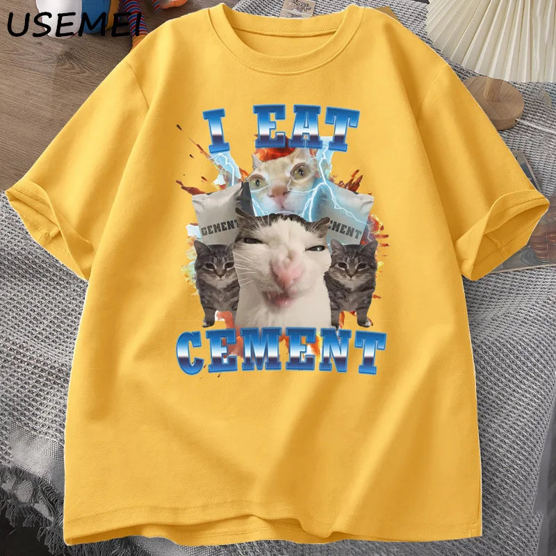 I Eat Cement Cat Meme Tee 🐱😂 Funny Cotton Graphic T-Shirt - ThiGui