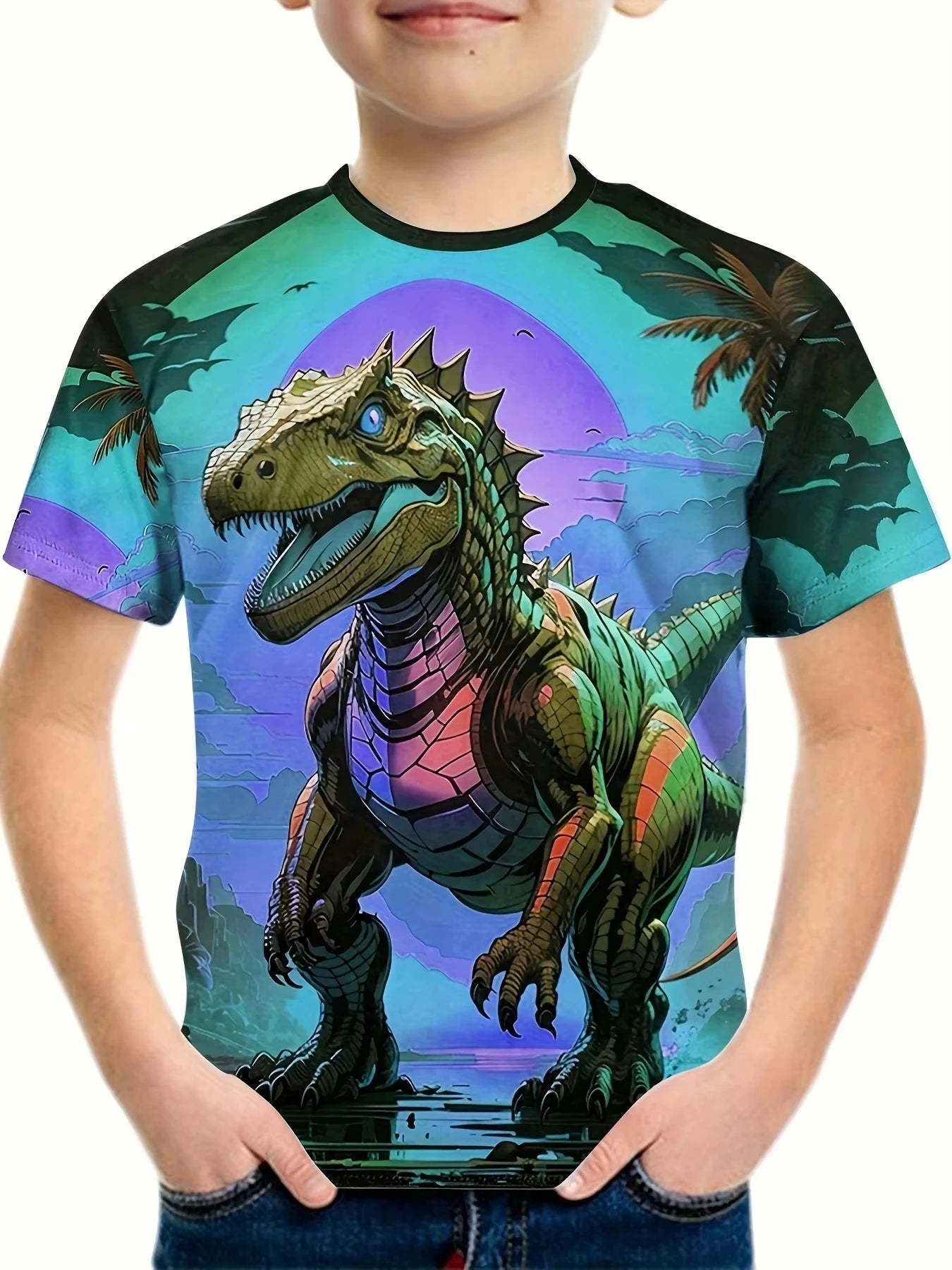 🦖 Cool Dino Vibes! Boys’ Lightweight Cartoon Dinosaur Tee (Ages 3–9) 🧢 - ThiGui