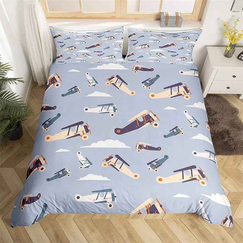 ✈️ Soaring into Sweet Dreams – Cartoon Airplane Bedding Set for Boys - ThiGui