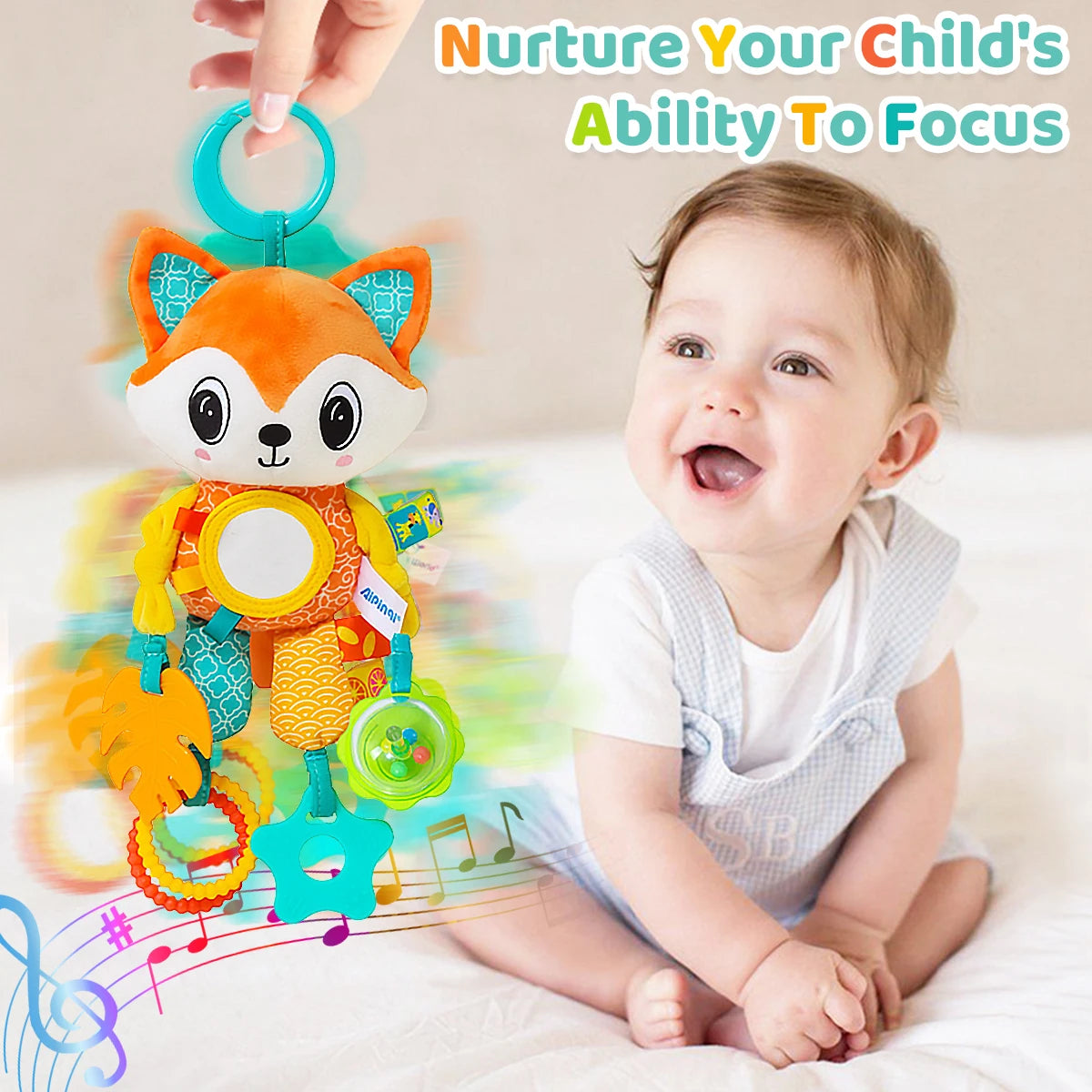 🎠 Hanging Sensory Fun! 🐒 Plush Animal Toy with Teether, Crinkle & Wind Chime for Babies 💕 - ThiGui