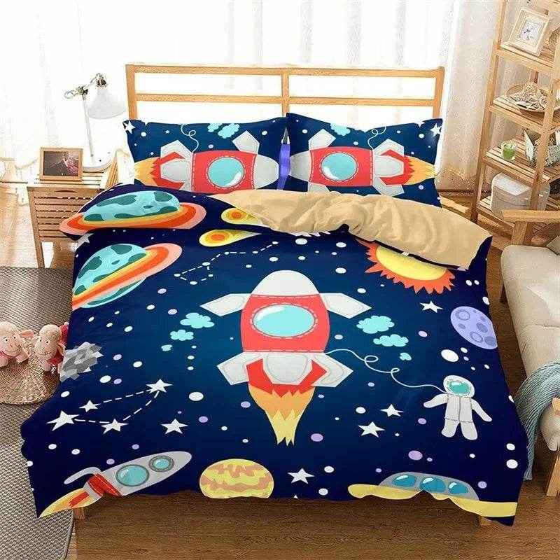 🌕Out-of-This-World Dreams! 🚀 Cartoon Astronaut Bedding Set for Young Space Explorers - ThiGui
