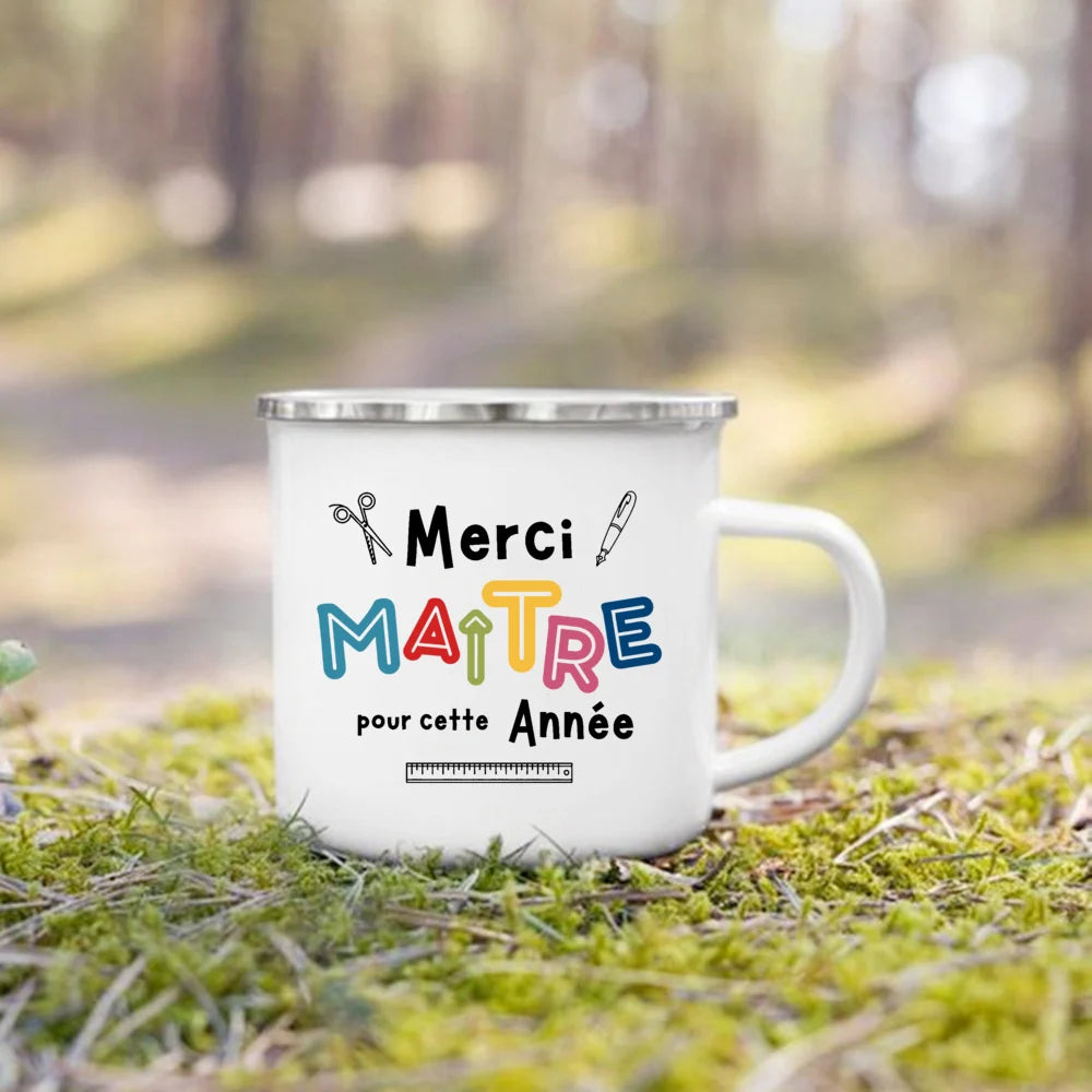 🍵🇫🇷 Merci Maîtresse! Enamel Mug Gift for Teachers with French Charm 🎁💐 - ThiGui