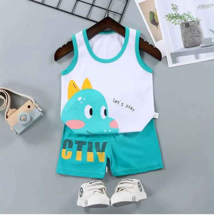 Cool & Comfy! 2-Piece Cotton Vest & Shorts Set for Active Little Boys - ThiGui