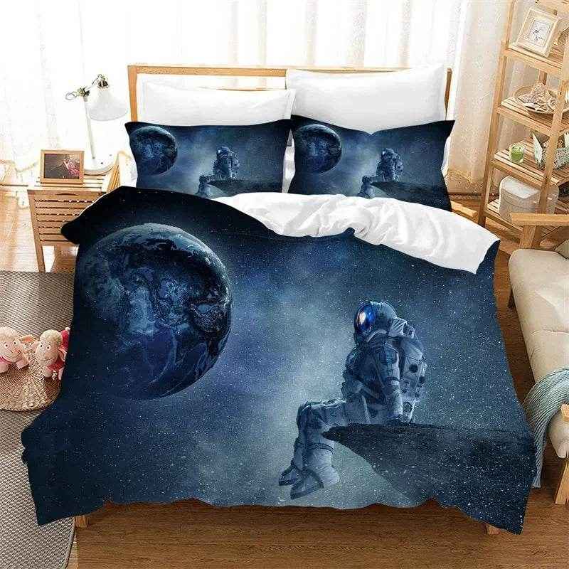 🌕Out-of-This-World Dreams! 🚀 Cartoon Astronaut Bedding Set for Young Space Explorers - ThiGui