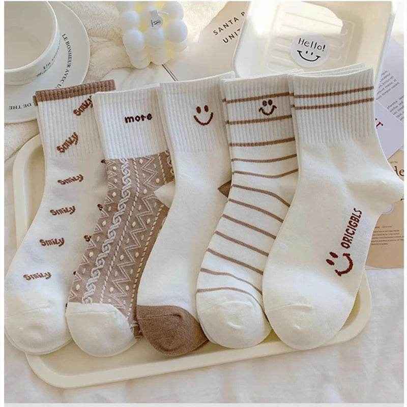 🧦Cuteness & Comfort in Every Step – 5 Pairs of Cartoon Cat Happy Face Crew Socks! - ThiGui