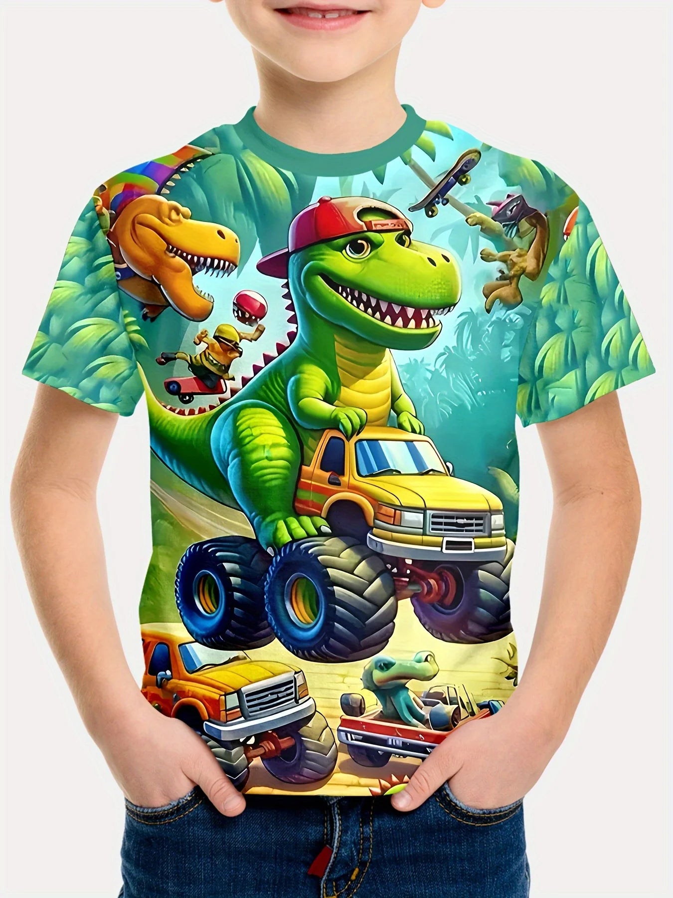 🦖 Cool Dino Vibes! Boys’ Lightweight Cartoon Dinosaur Tee (Ages 3–9) 🧢 - ThiGui