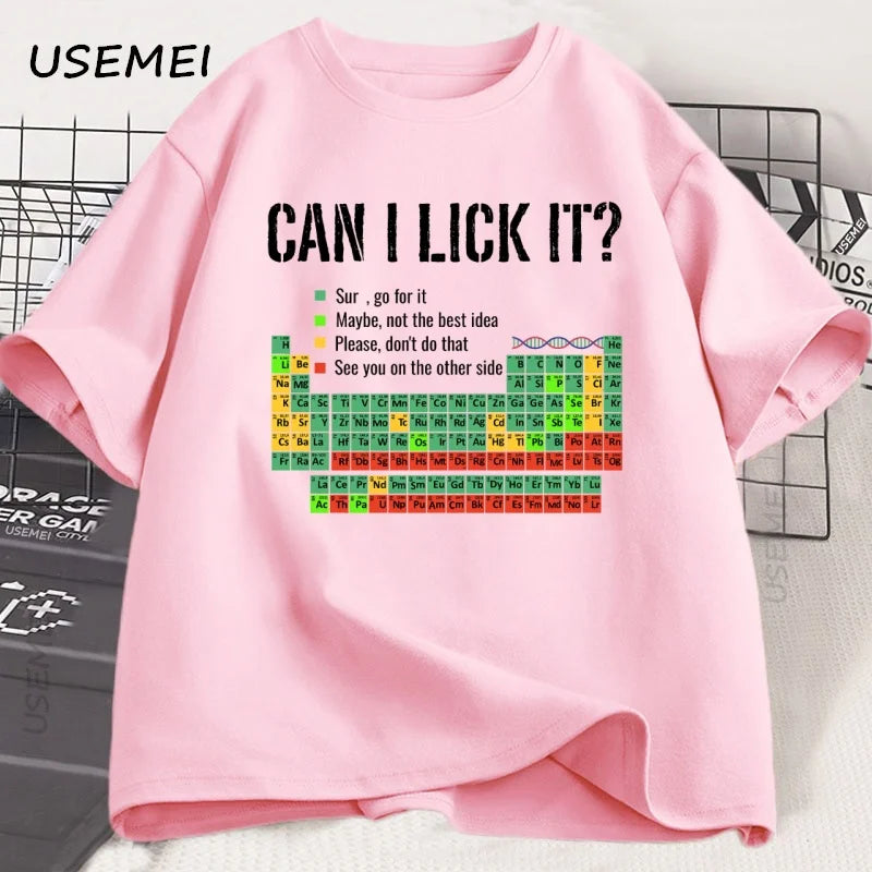 Can I Lick It Periodic Table Tee 🧪😄 Funny Chemistry Cotton T-Shirt - ThiGui