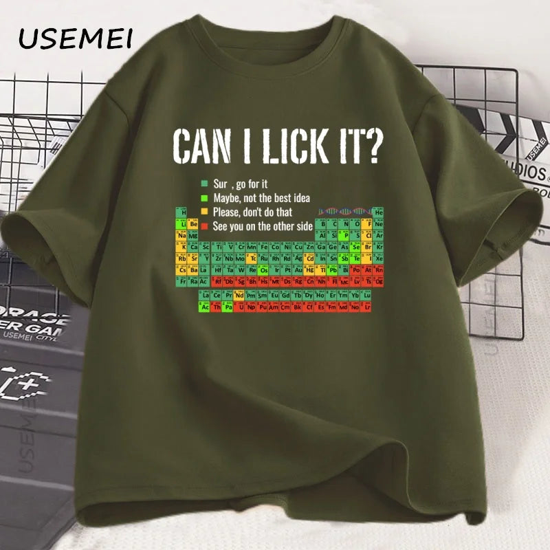 Can I Lick It Periodic Table Tee 🧪😄 Funny Chemistry Cotton T-Shirt - ThiGui