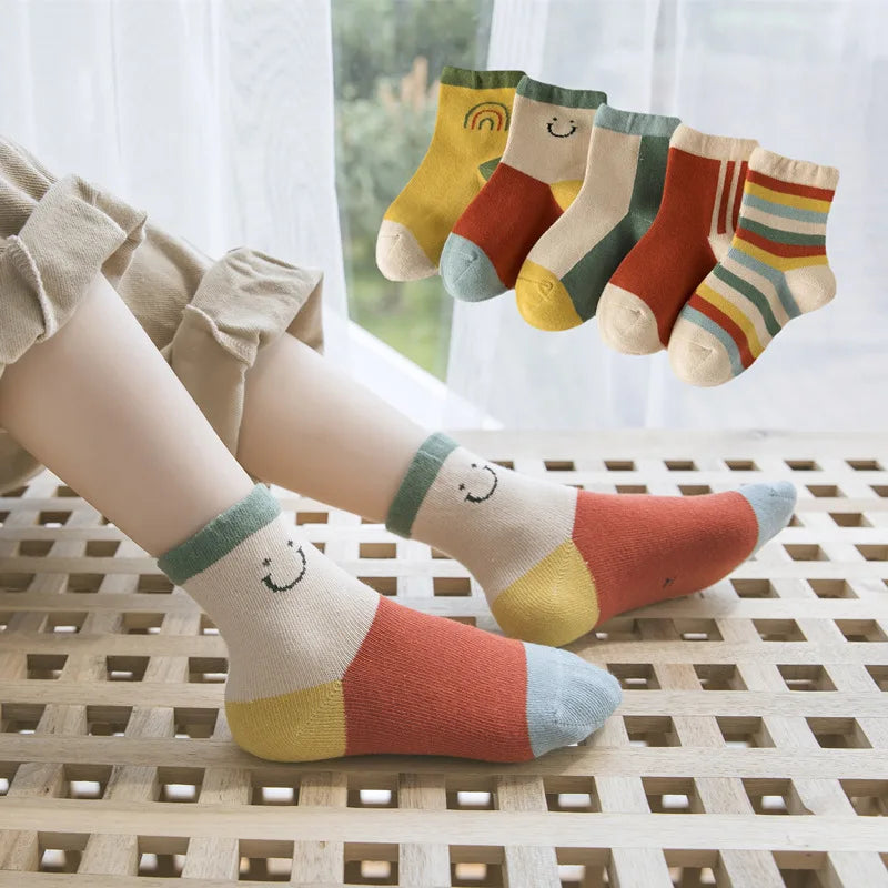 🌈 Rainbow Stripes Cotton Socks – 5-Pair Set of Comfy Fun for Happy Little Feet! 🧦💕 - ThiGui