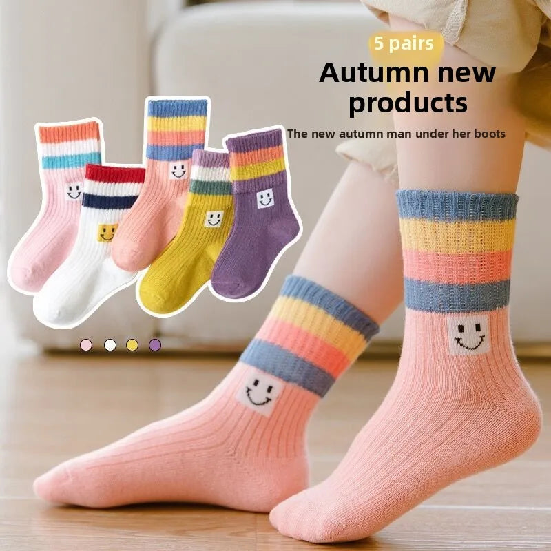 🌈 Rainbow Stripes Cotton Socks – 5-Pair Set of Comfy Fun for Happy Little Feet! 🧦💕 - ThiGui