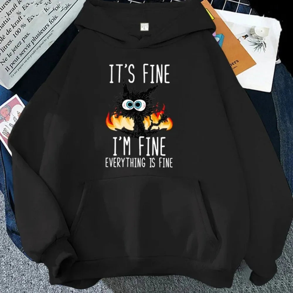 Everything Is Fine Black Cat Tee 🐈‍⬛🔥 Fun & Quirky Unisex T-Shirt - ThiGui