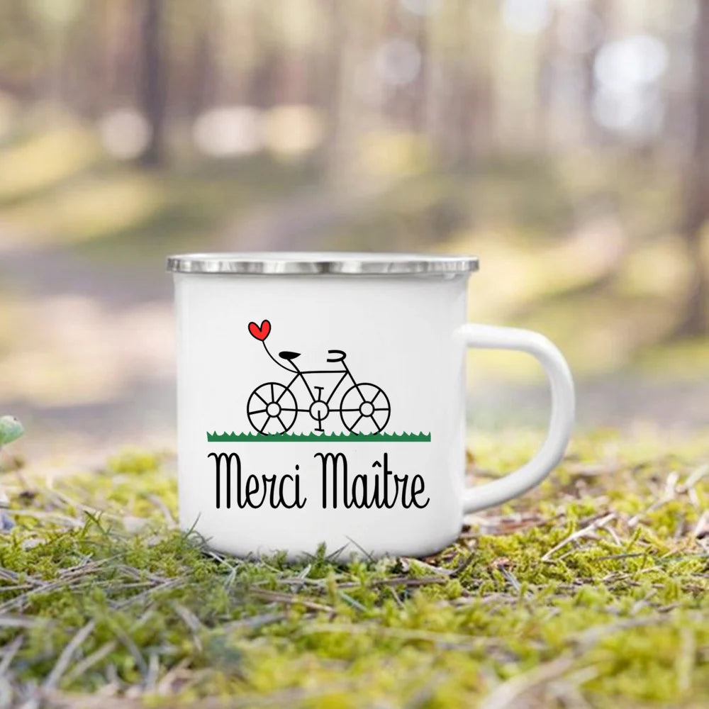🍵🇫🇷 Merci Maîtresse! Enamel Mug Gift for Teachers with French Charm 🎁💐 - ThiGui