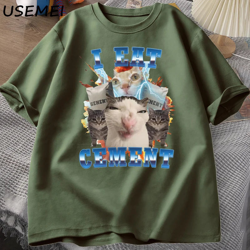 I Eat Cement Cat Meme Tee 🐱😂 Funny Cotton Graphic T-Shirt - ThiGui