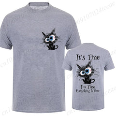Everything Is Fine Black Cat Tee 🐾🔥 Fun & Comfy Unisex Graphic Shirt - ThiGui