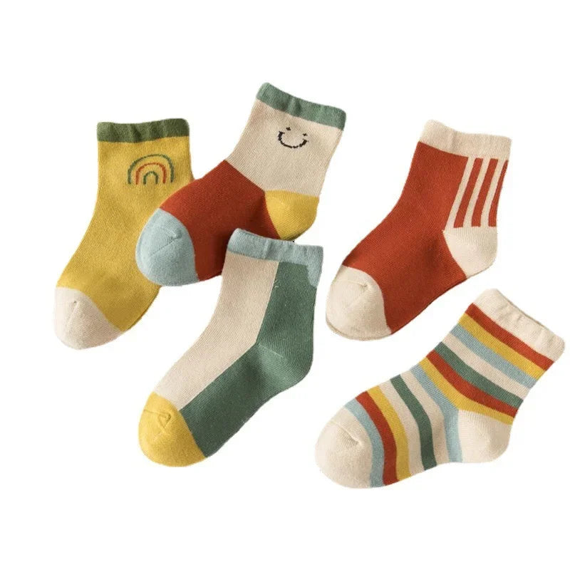 🌈 Rainbow Stripes Cotton Socks – 5-Pair Set of Comfy Fun for Happy Little Feet! 🧦💕 - ThiGui