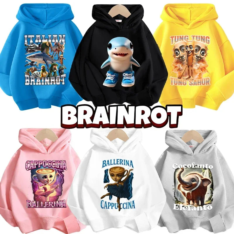 Italian Brainrot Tung Tung Hoodie 😆🧥 Fun Thin Cartoon Sweatshirt for Boys - ThiGui