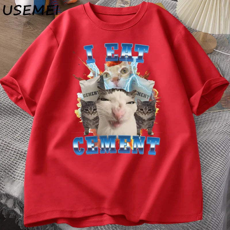 I Eat Cement Cat Meme Tee 🐱😂 Funny Cotton Graphic T-Shirt - ThiGui