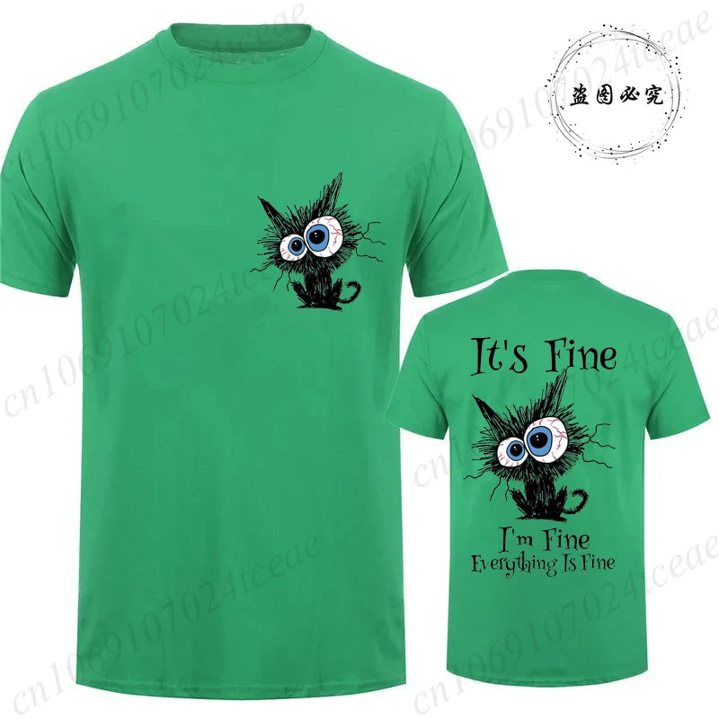 Everything Is Fine Black Cat Tee 🐾🔥 Fun & Comfy Unisex Graphic Shirt - ThiGui