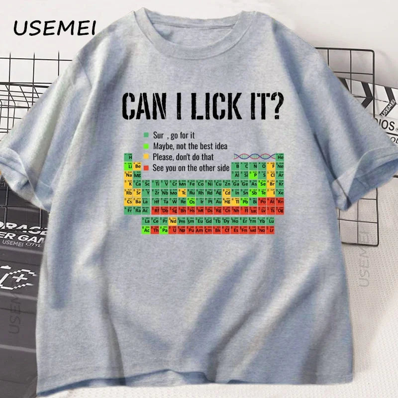 Can I Lick It Periodic Table Tee 🧪😄 Funny Chemistry Cotton T-Shirt - ThiGui