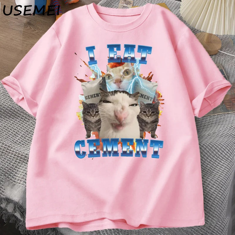 I Eat Cement Cat Meme Tee 🐱😂 Funny Cotton Graphic T-Shirt - ThiGui