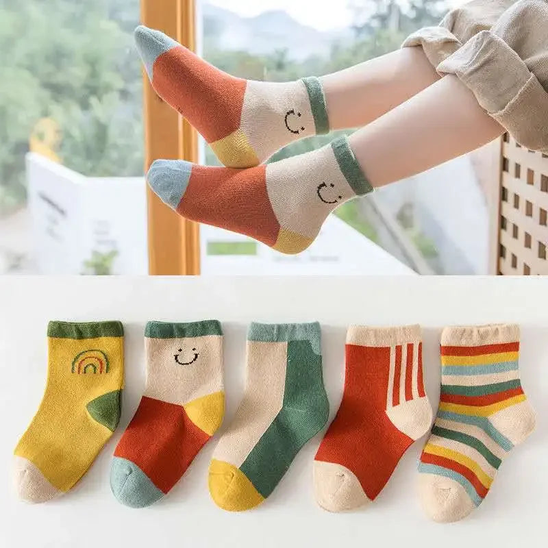 🌈 Rainbow Stripes Cotton Socks – 5-Pair Set of Comfy Fun for Happy Little Feet! 🧦💕 - ThiGui