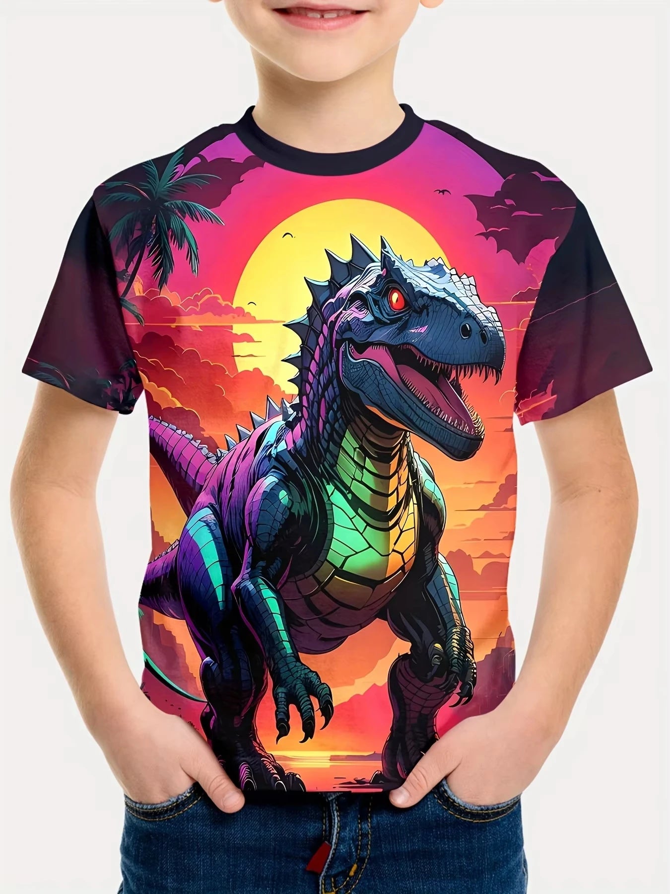 🦖 Cool Dino Vibes! Boys’ Lightweight Cartoon Dinosaur Tee (Ages 3–9) 🧢 - ThiGui
