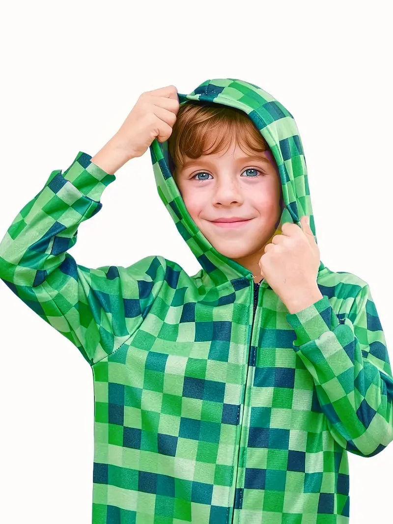 Creeper Game Character Costume 💚🎮 Fun Hooded Boys Jumpsuit - ThiGui
